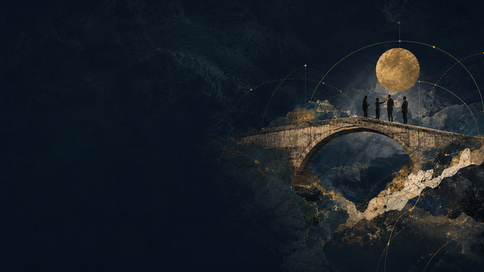 Illustration of executives meeting on a stone bridge beneath a golden moon