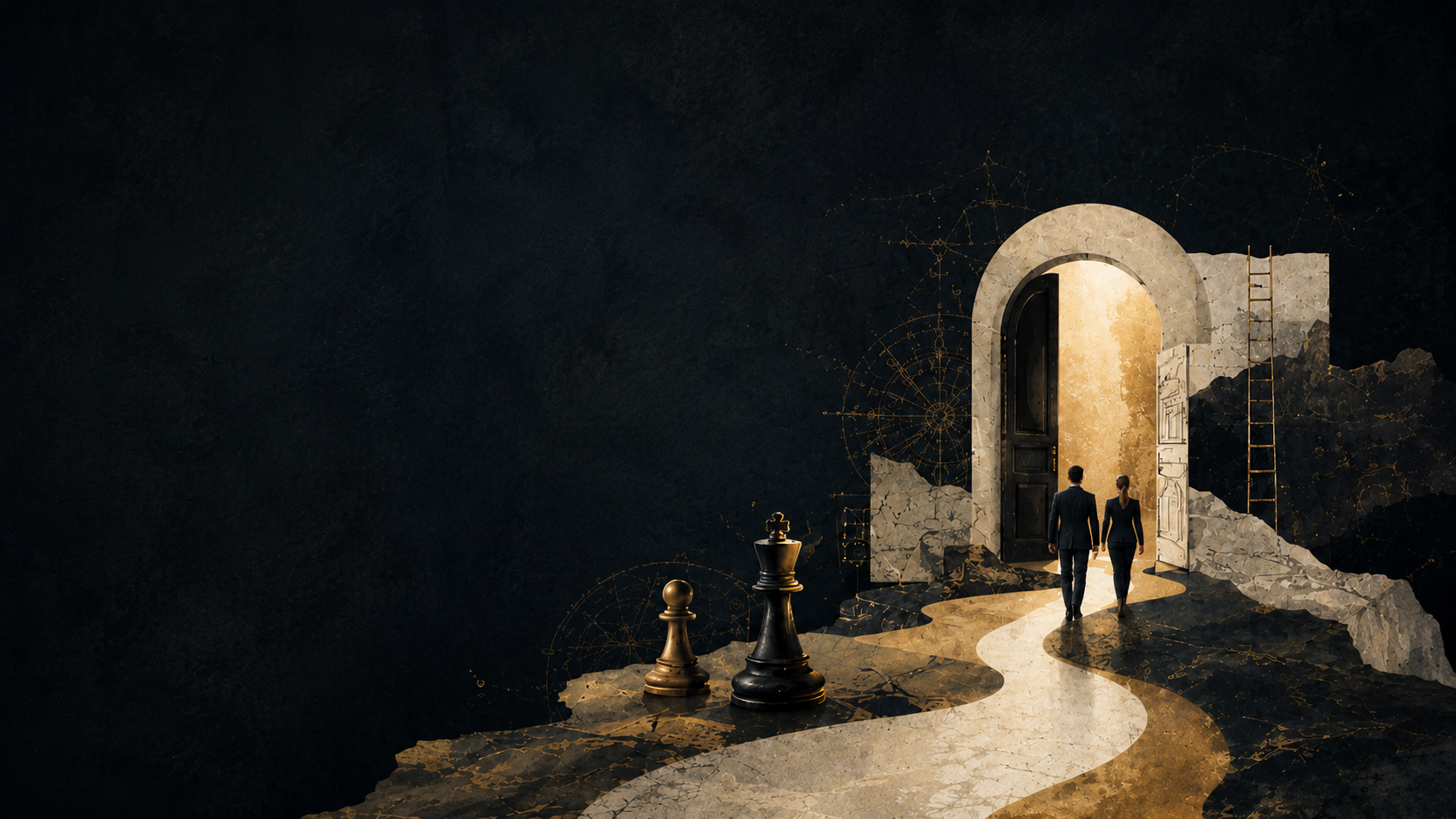 Illustration of two professionals walking a golden path toward an open doorway