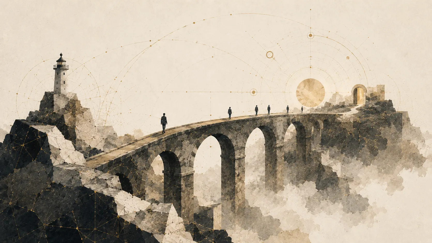Illustration of a stone bridge leading toward a lighthouse and an illuminated archway